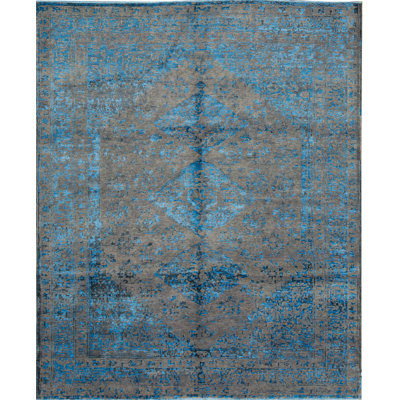 Tapis gris et bleu noué à la main de haute qualité