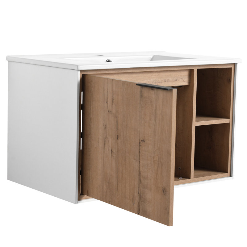 Meuble-lavabo de 30 po avec lavabo en céramique. Fixé au mur. Porte à fermeture en douceur. Apparence moderne en chêne imitation. Contreplaqué 30 po. Aspect chêne. Base