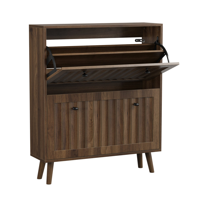 Medieval-Style Modern Shoe Cabinet, Upright Shoe Storage Unit With Vertical Grooved Finish, 31.5-Inch Walnut-Colored Shoe Cabinet, Suitable For Hallways, Passageways And Entrances.