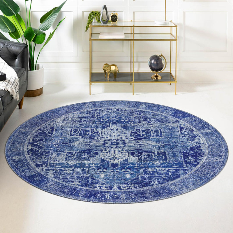 Tapis transitionnel de couleur marine / ivoire, Rond 7 pi 6 po