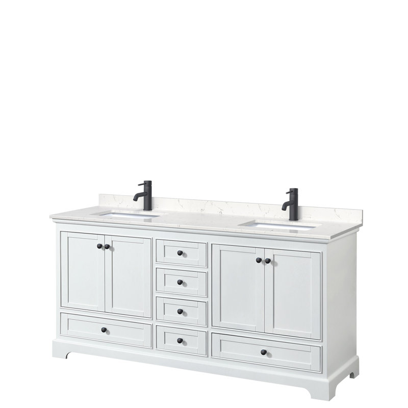 Deborah 72'' Double Bathroom Vanity with Marble Top, White, Light Vein Carrara Cultured Marble, Black