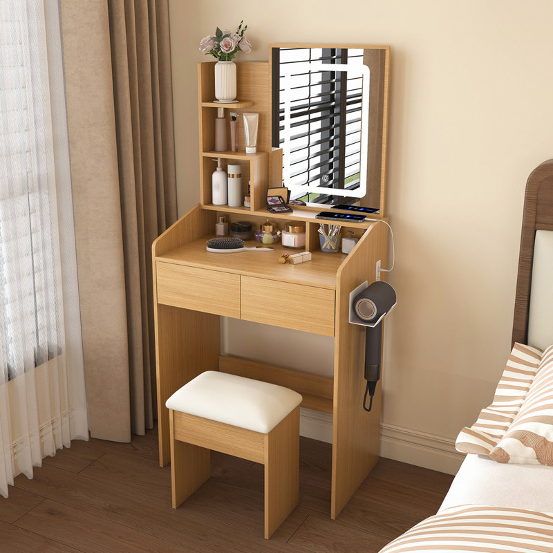 Table de coiffeuse avec miroir lumineux à DEL, prise de courant, support pour sèche-cheveux et tabouret