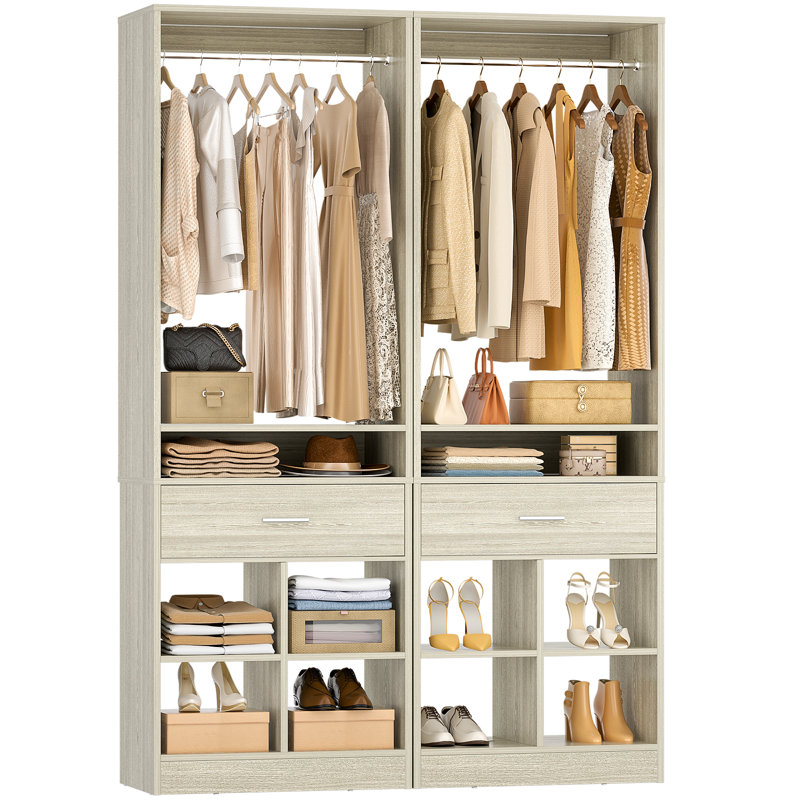 49"W Freestanding Closet With Hanging Rod And Drawer ( Set of 2 ), White Wood