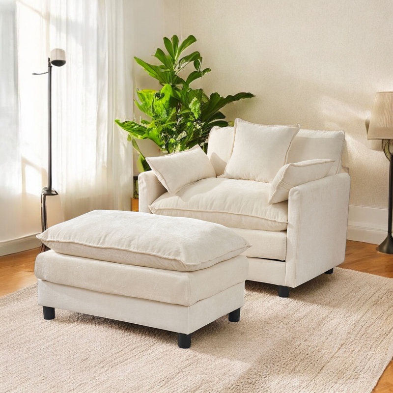 39.3" W Upholstered Accent Armchair With Ottoman, Beige