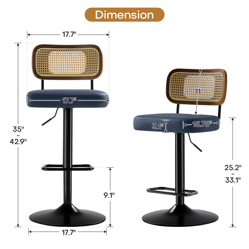 Adjustable Height 360° Swivel Bar Stools With Rattan Backrest, Dark Blue