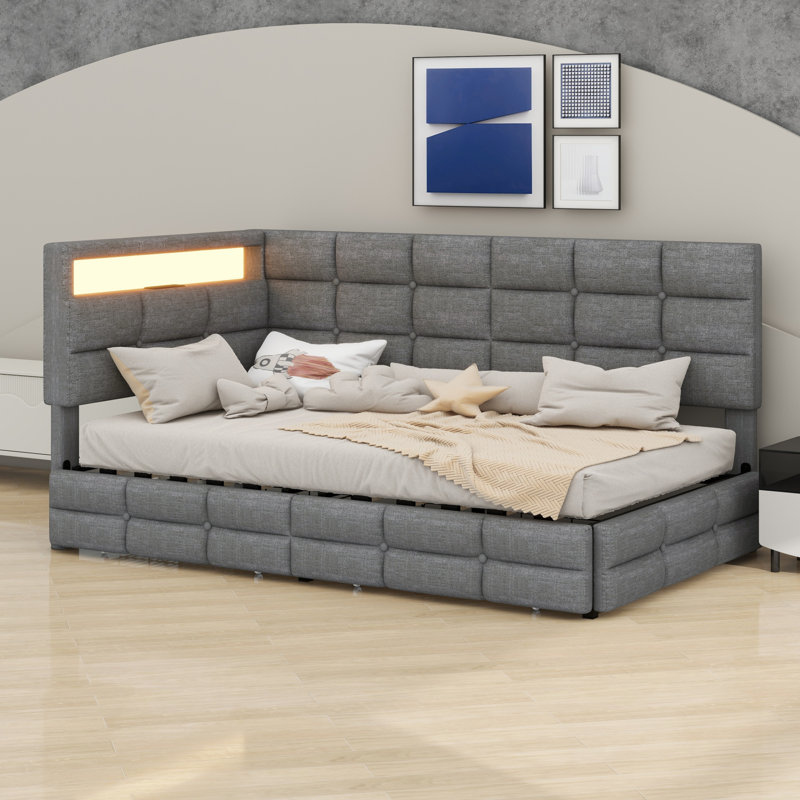 Upholstered Daybed With Storage Drawers And Charging Station, Day Bed Frame With LED Lights And Storage Headboard, Gray