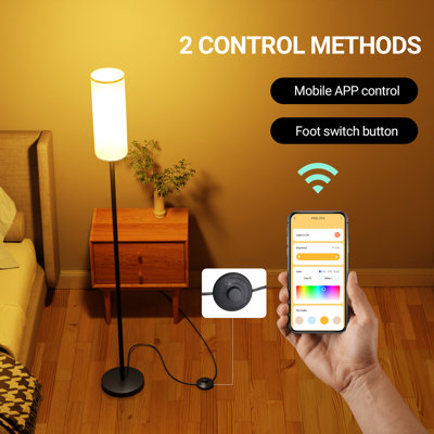 Lampe sur pied avec abat-jour en tissu, télécommande et interrupteur au pied, lampe sur pied à changement de couleur RVB contrôlée, lampe sur pied haute en fer à intensité variable de 9 W à 800 L 3000 K-6000 K pour le salon, la chambre et la décoration