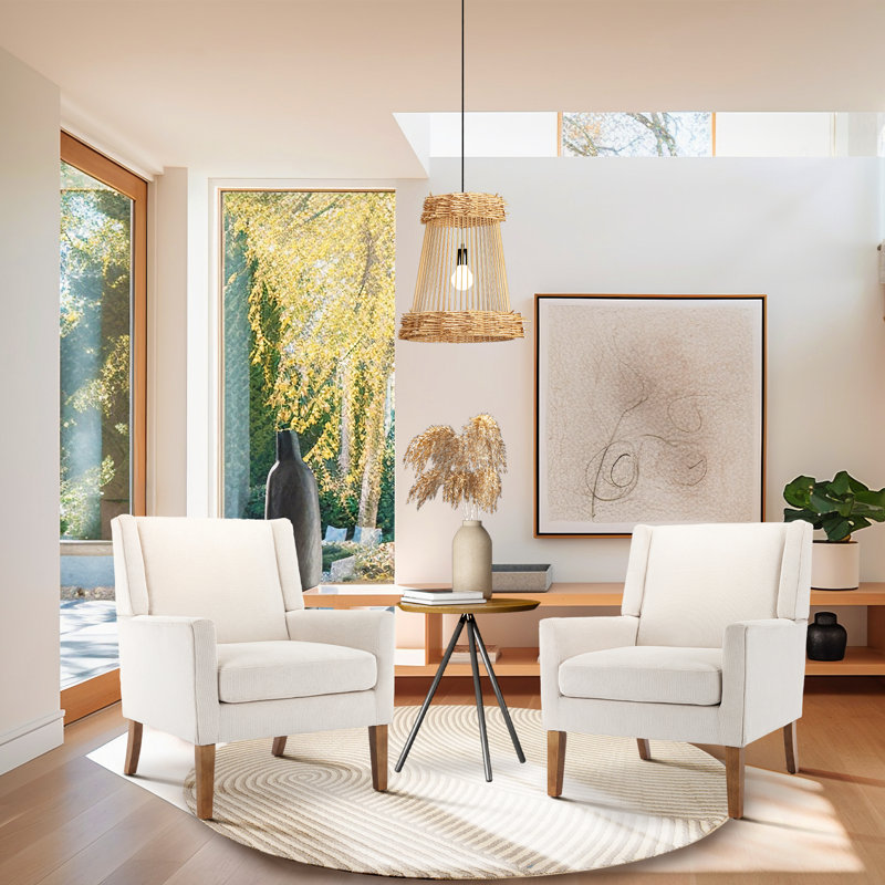 Fauteuil d'appoint rembourré en tissu avec pieds en bois massif Leston, Lin beige