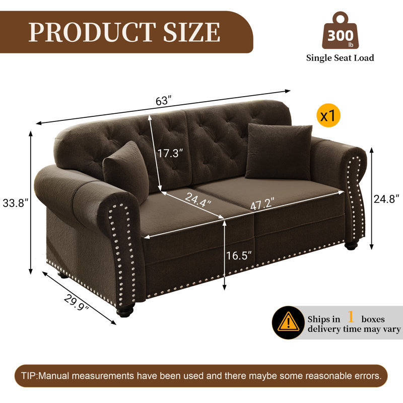 Canapé Chesterfield 63 po en velours, Brun