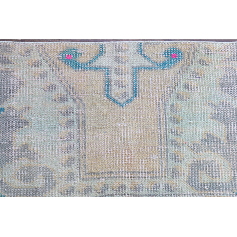Tapis vert en laine noué à la main pour portes et petits espaces avec un style turc rétro et un charme bohème