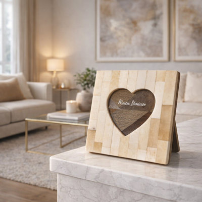 Heart Inlay Bone And Wood Picture Frame For Office And Living Room - Decorative Photo Frames For Entryway Display And Table Styling - 6", Ivory