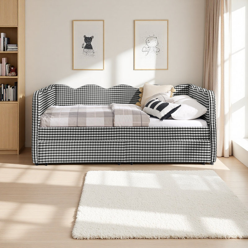 Cozy Gingham Daybed With Two Storage Drawers, With USB Port And Adorable Wave Shaped, Full/Double, Black