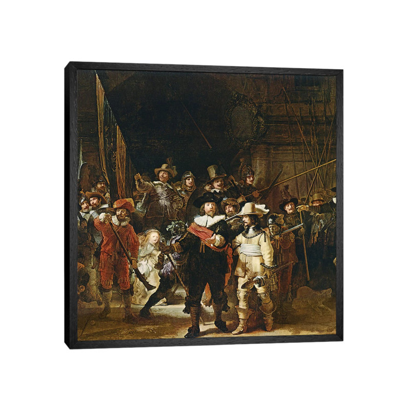 The Nightwatch, 1642 by Rembrandt Van Rijn - Painting on Canvas, 66.04cm H x 66.04cm W x 3.81cm D, Black Framed