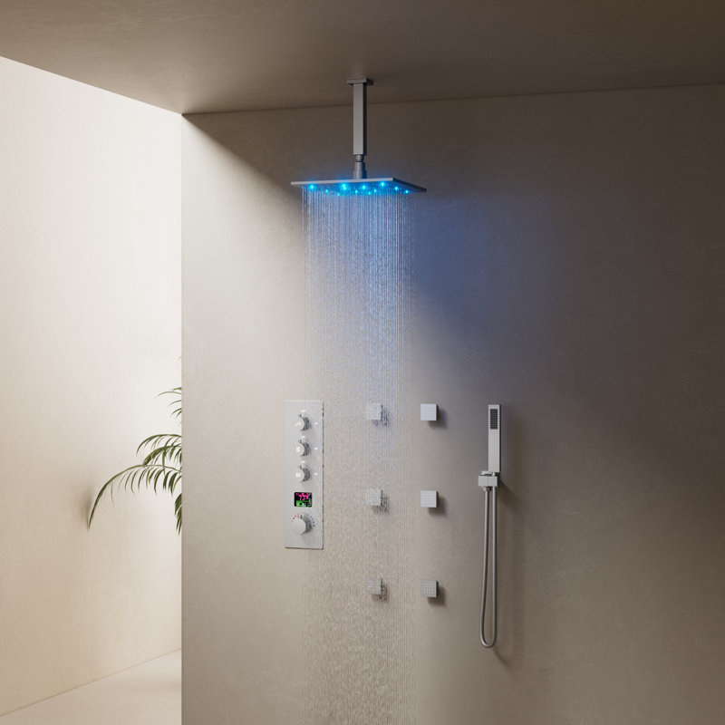 Thermostatic Digital Shower System Set ,12-Inch Dual Rainfall Shower Faucet with Handheld Spray, Brushed Nickel