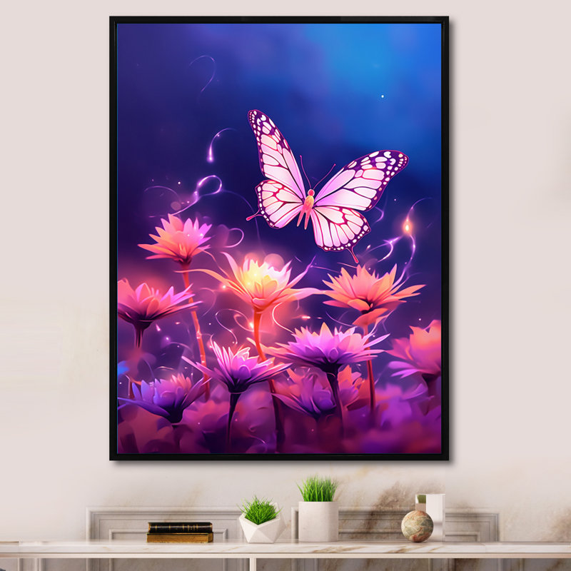 Magnifique coucher de soleil papillon rose I, Cadre flottant noir, H 44 po x l 34 po
