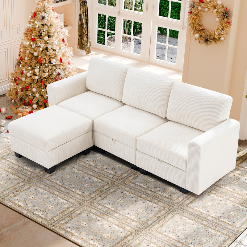 Canapé modulaire rembourré 4 pièces Ilyes, Chenille blanche