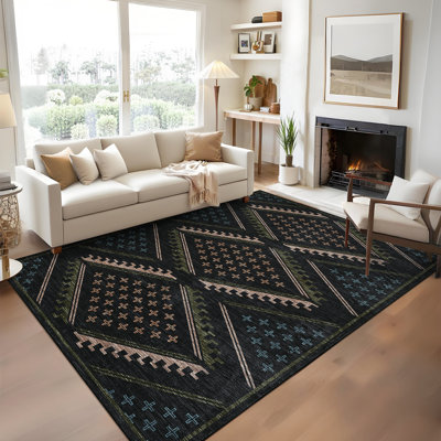 Tapis bohème géométrique lavable 4 x 6, résistant aux taches et facile à nettoyer, tapis mince pliable, bords et envers renforcés, design rétro moderne artistique pour le salon, la chambre à coucher, le vestibule - noir