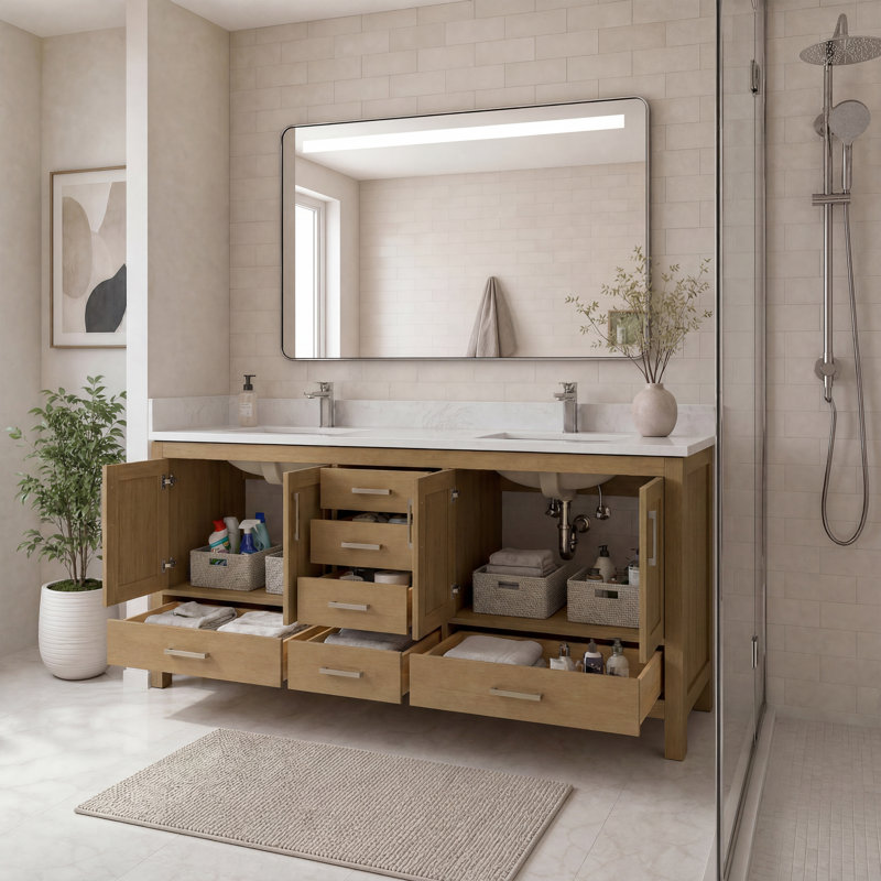 Meuble-lavabo 84 po à double évier pré-assemblé avec tiroirs et portes à fermeture en douceur, plateau en pierre reconstituée