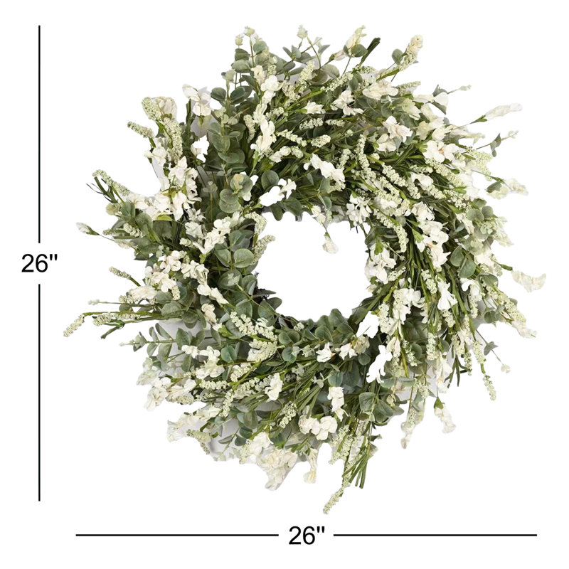 Couronne de porte 26 po avec fleurs sauvages artificielles printemps et été pour mariage, Blanc / Blanc