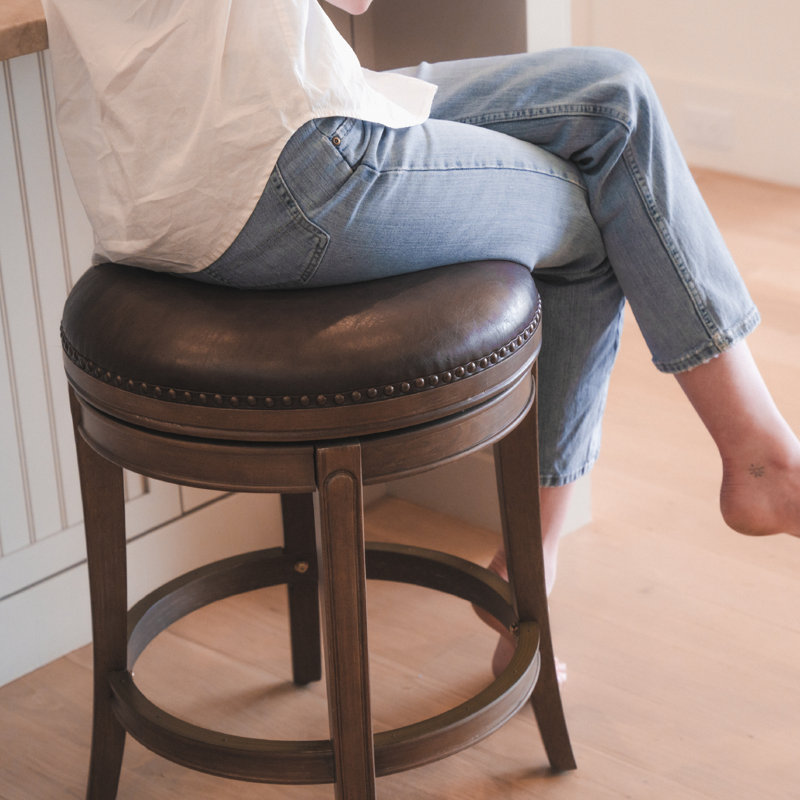  Maven Lane Alexander Swivel Backless Stool with Faux Leather Upholstery, Counter Stool (26” Seat Height), Walnut