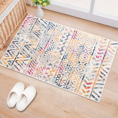 Tapis géométrique multicolore rose / jaune / ivoire
