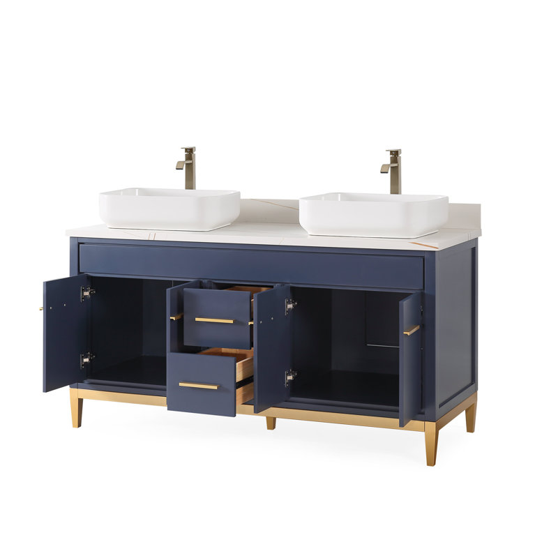 Ensemble de meuble-lavabo double 60 po Hildy, Bleu marine, Blanc
