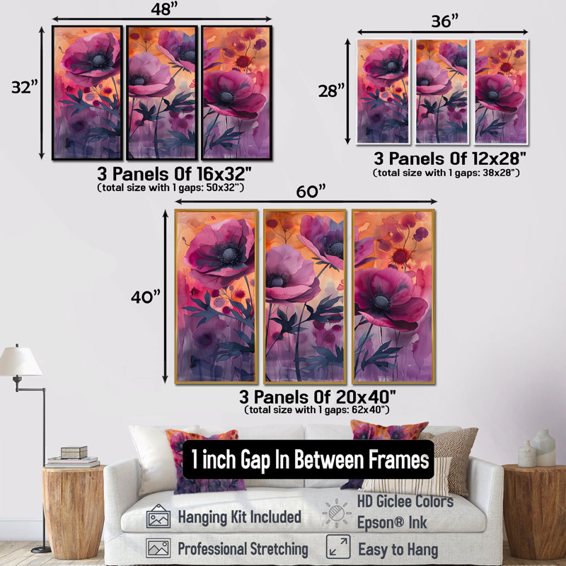 Mauve rouge délicat Poppy Meadows - Ensemble de décorations murales coquelicots, H 28 po x l 36 po x P 1 po