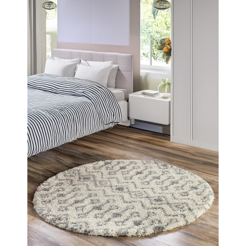 Tapis à poil long gris treillis Griego, Rond 6 pi 1 po