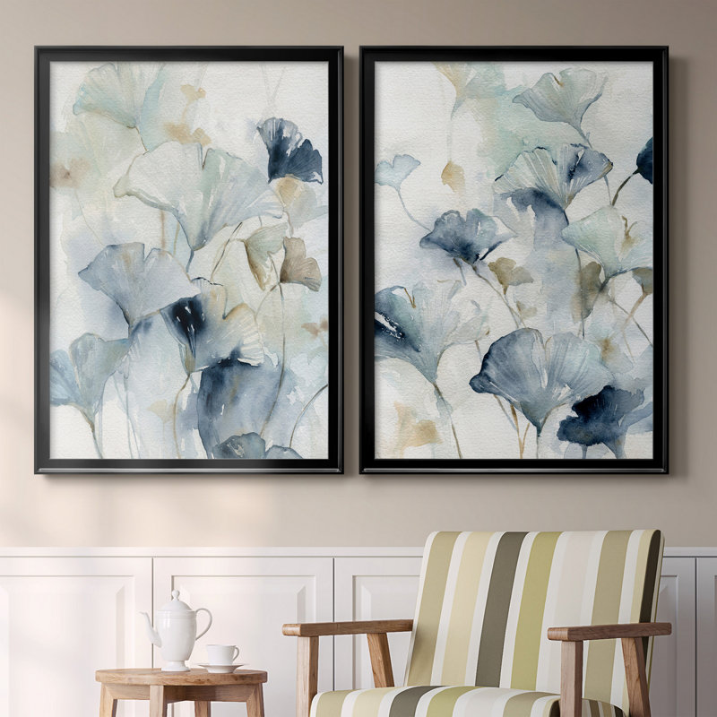 Indigo Ginkgo I, reproduction encadrée de qualité supérieure - prête à être accrochée, H 26,5 po x l 73 po x P 1,5 po, Noir