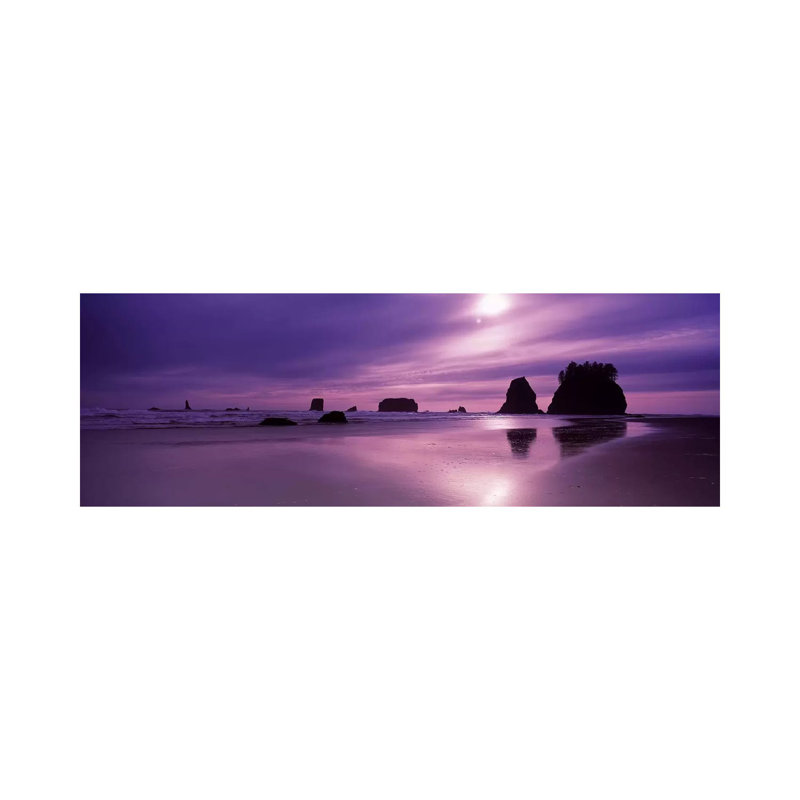 Silhouette Of Seastacks At Sunset, Second Beach, Washington State, USA - Wrapped Canvas Panoramic Print