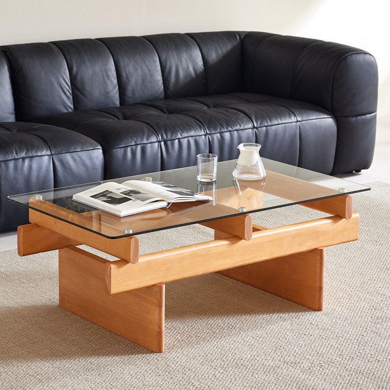 Glass Coffee Table for Living Room,100% Solid Wood Coffee Table with Rectangular Tempered Glass Top,Mid Century Modern Coffee Table,Wood