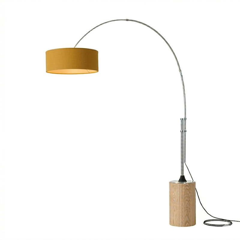 Tambo 92"H 1-Light Arc Lamp, Mustard Linen Shade, Light Wood Base, Weathered Brass, Dimmable, for Living Room or Bedroom