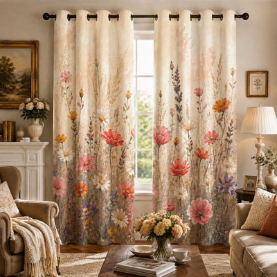 2Pcs Wildflower Print Curtains, Botanical Style, Vintage Floral Pattern Printed Art Ring-Top, Light-Blocking and Energy-Saving for Living Room Decoration for Home Dector