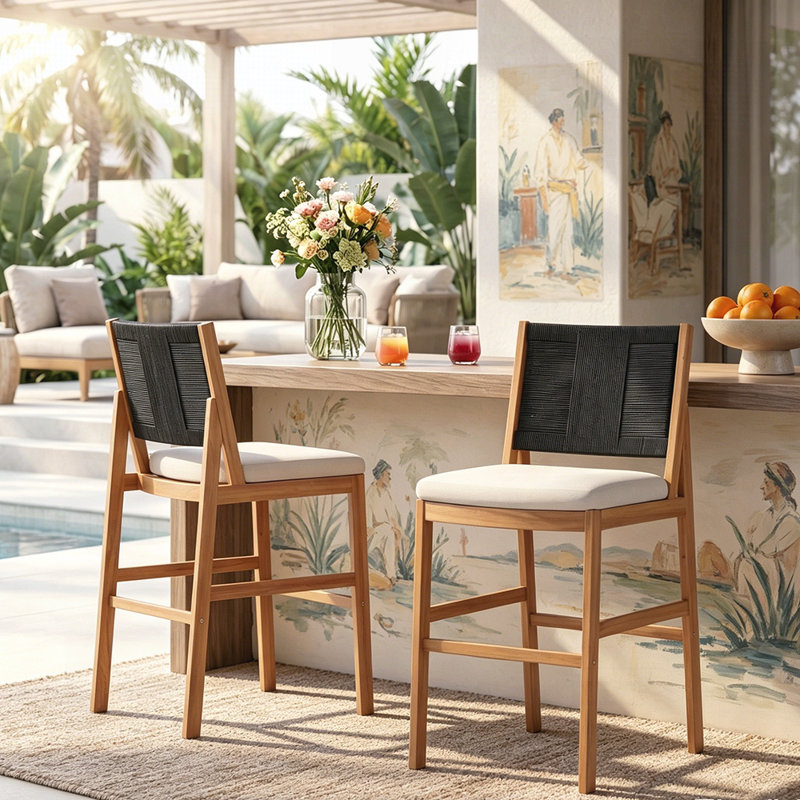 Ensemble de 2 tabourets de bar d'extérieur en bois d'acacia avec dossier en osier, parfait pour la terrasse et l'îlot de cuisine