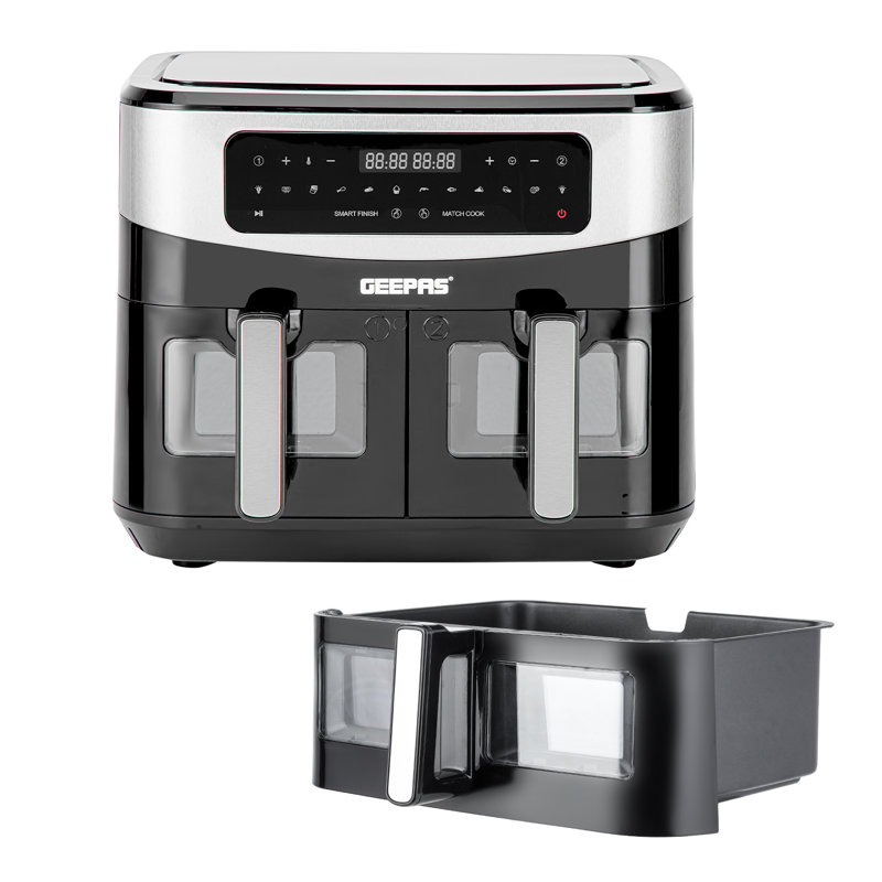 Geepas Dual Air Fryer | Dual Zone Family Sized Multi Cooker | 3 draws Included, Black