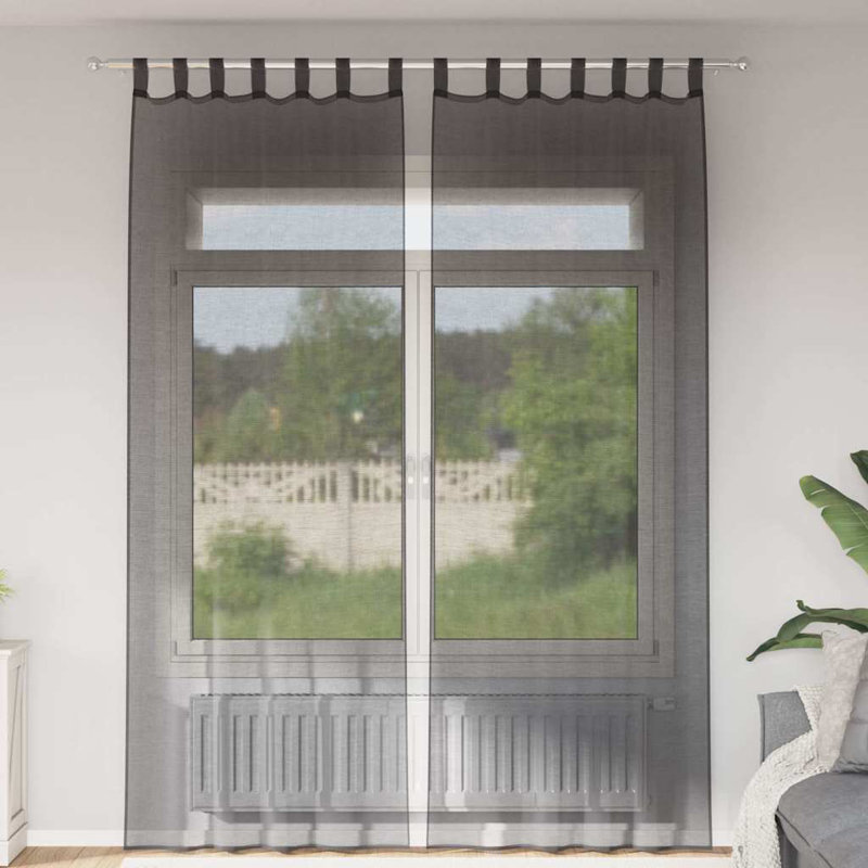 Voile Curtains With Tab Top 2 Pcs, Black, 140cm Width x 260cm Drop