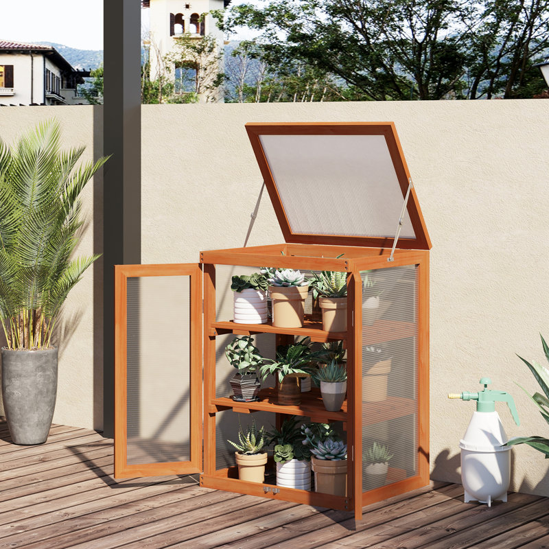 Serre froide avec cadre en bois, 2 tablettes, orange