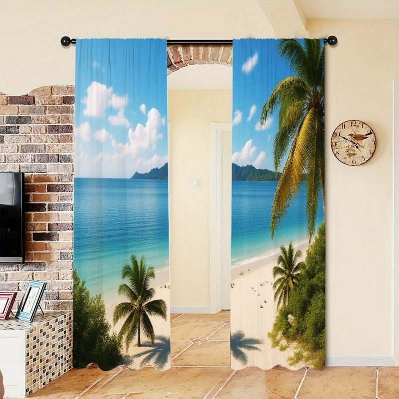 2Pcs Tropical Beach Palm Tree Curtains, Serene Ocean Sea View Pattern, Rod Pocket Light Filtering, Coastal Paradise Style, All-Season For Living Room Bedroom Balcony Window Decor