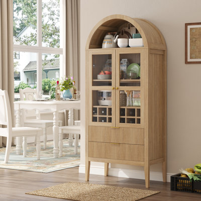 71" Tall Arched Cabinet With Wine Rack, Kitchen Pantry Storage Cabinets With 2 Fluted Drawers And Glass Doors, Modern Display Bookcase by Latitude Run