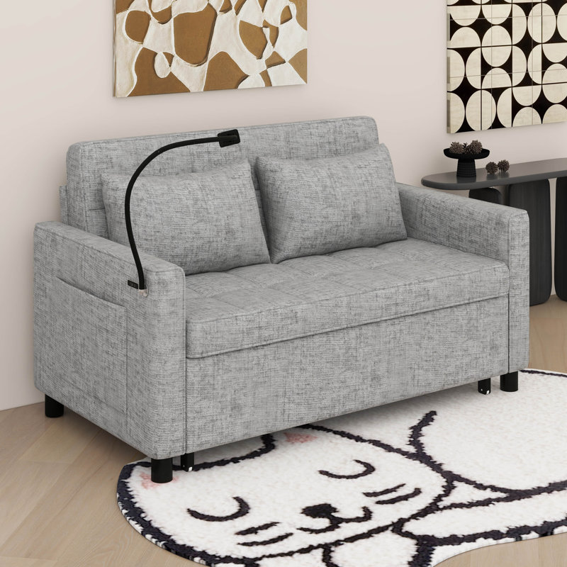 Canapé-lit convertible, canapé-lit escamotable avec dossier réglable, canapé-lit en chenille avec poche latérale, Gris