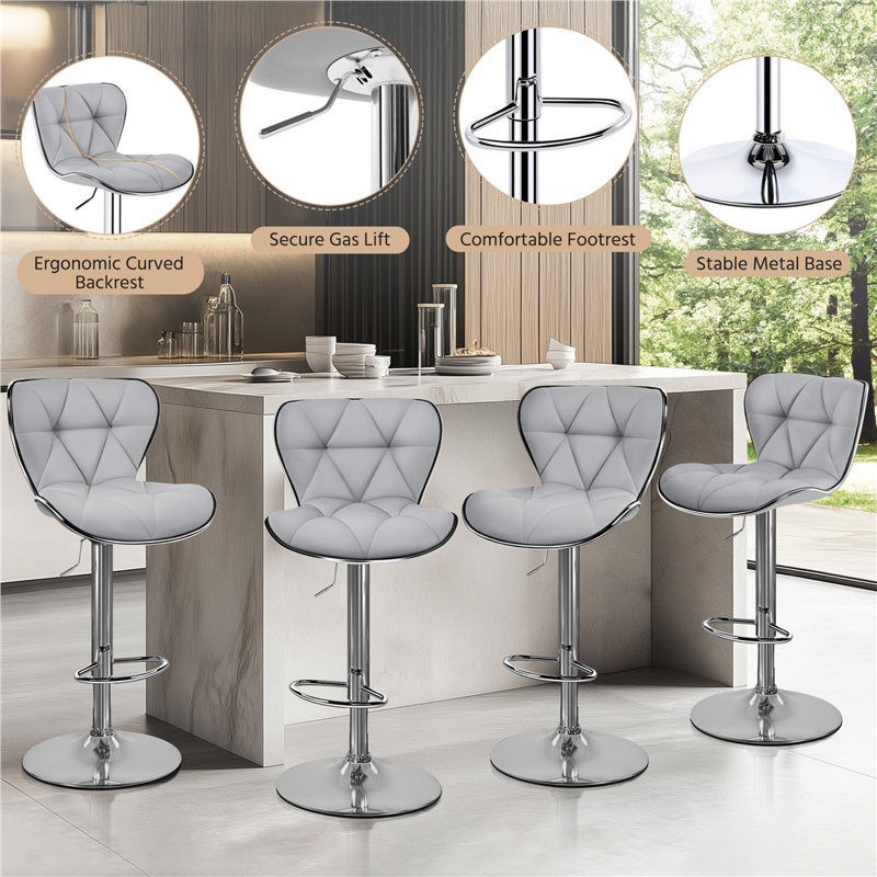 Elna Stylish Adjustable PU Leather Swivel Bar Stool Counter Height Bar Chairs with Large  Base, Light Gray