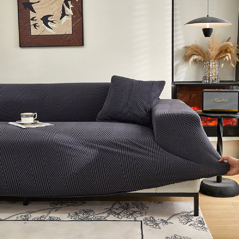 Housse de chaise extensible à chevrons gris foncé, une pièce, 140 cm de large, lavable à la machine, Gris foncé