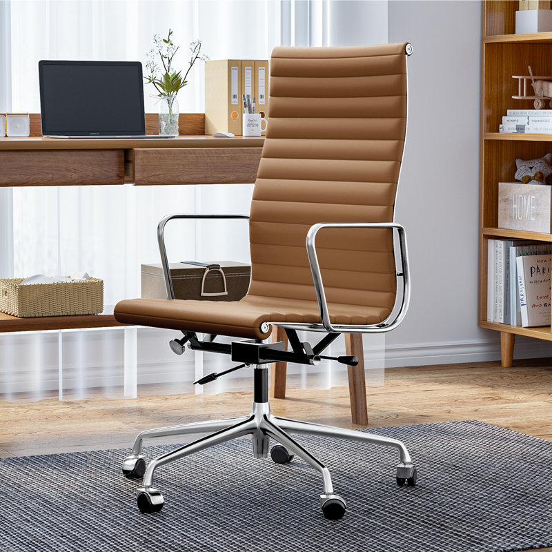 Chaise de conférence en cuir véritable brun clair avec base en aluminium et chaise de bureau à haut dossier, Marron clair