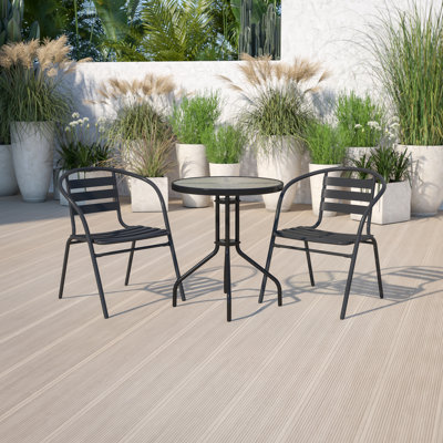 Amlie 23.75" Round Glass Metal Table with 2 Metal Aluminum Slat Stack Chairs