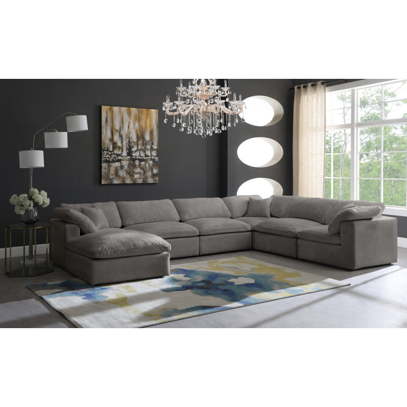 Cozy 158" Wide Velvet Reversible Modular Sofa & Chaise with Ottoman, Grey Velvet