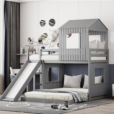 Wooden Twin Over Full Bunk Bed, Loft Bed With Playhouse, Farmhouse, Ladder, Slide And Guardrails
