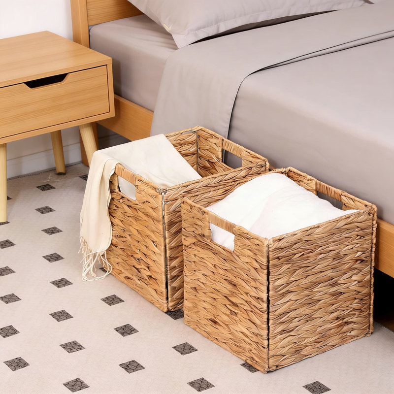 Foldable Plastic Wicker Storage Baskets Set Of 4, Large 12-Inch Cube Organizer Bins With Handles For Laundry, Shelves, And Home Organization