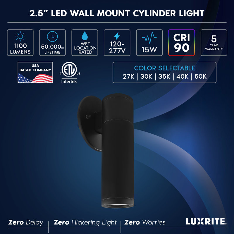  2.5-Inch LED Cylinder Wall Light Fixture, 15W, 1100 Lumens, 5CCT Selectable, CRI 90, Dual Dimmable (TRIAC/0–10V) 120–277V, IC Rated ETL Black