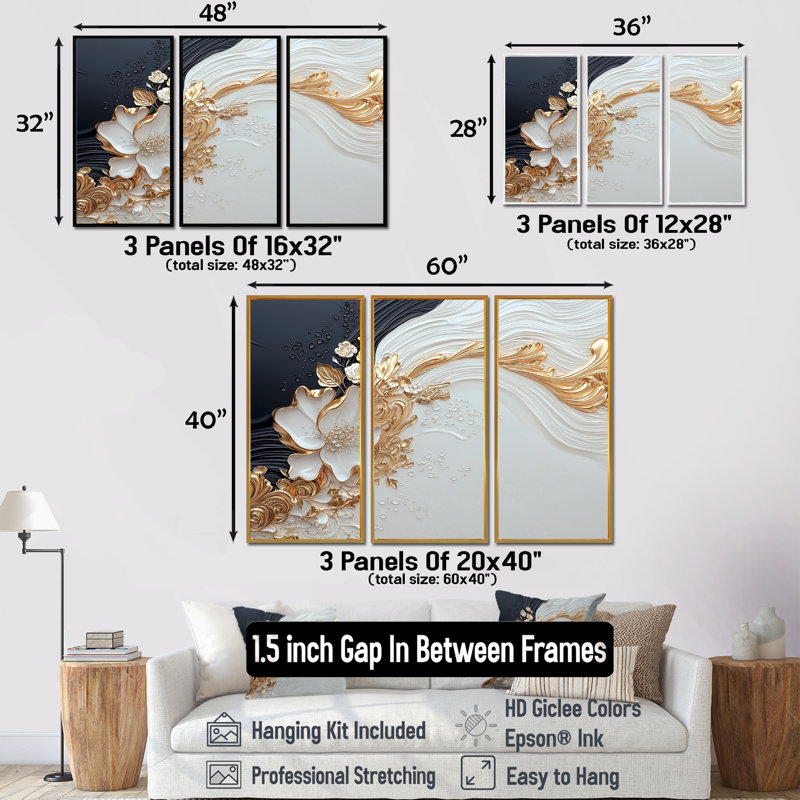 «Abstract Flower Whispering Winds II», ensemble d'art mural floral abstrait, H 32 po x l 48 po, Blanc