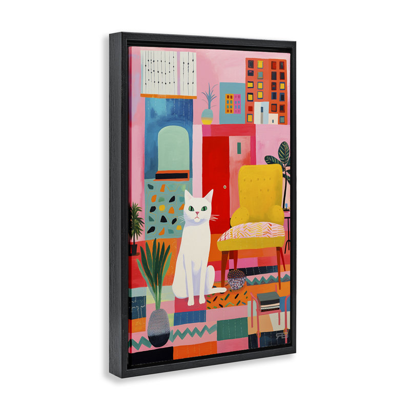«Cat in Eclectic Interior», toile flottante encadrée grise par Roozbeh Bahramali, Cadre flottant noir de jais